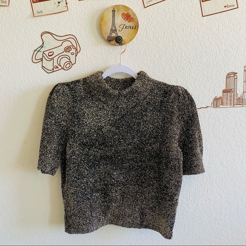 Kate Spade Multi Color Tinsel Detail High Neck Short Sleeve Sweater Size Medium
